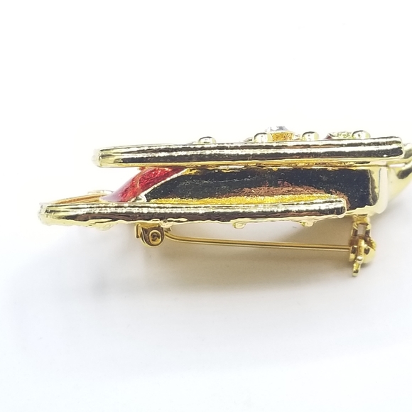 Vintage Holiday red enamel crystal sleigh brooch - Picture 3 of 10